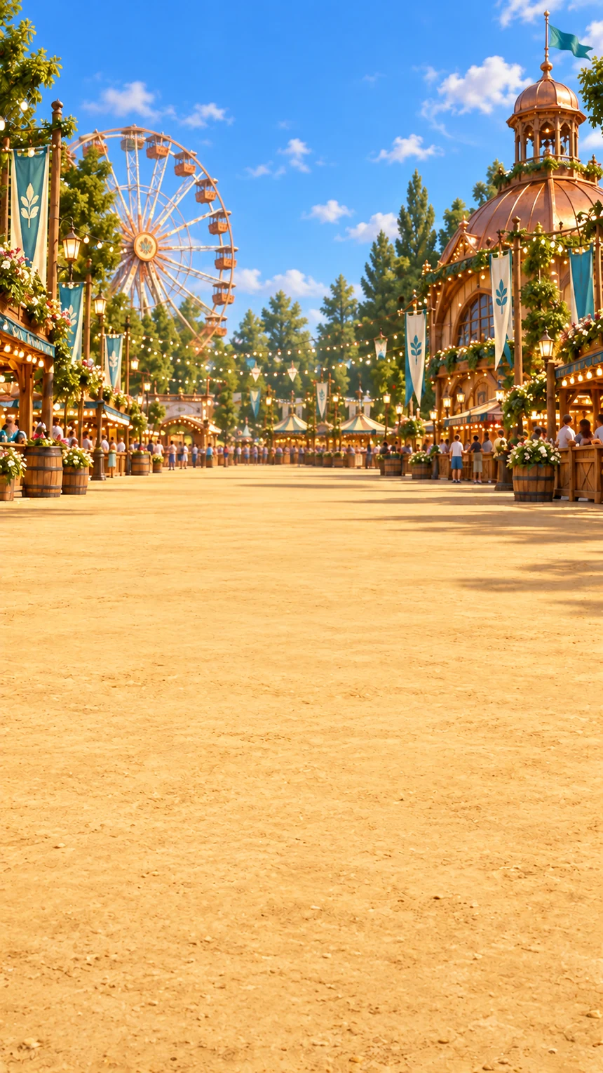 Bavarian fairground with stalls and a Ferris wheel