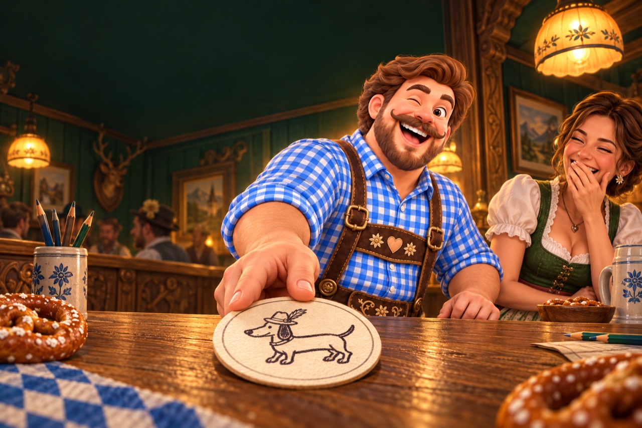 Bier Bua passes a doodled coaster across the tavern table
